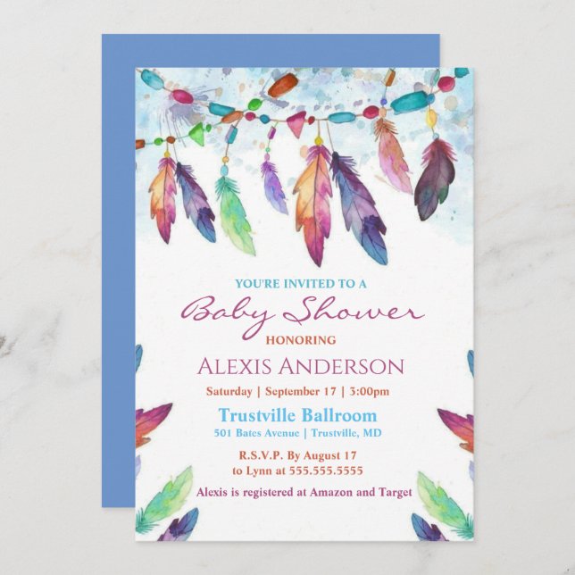 Colourful Watercolor Feathers Baby Shower Invitation (Front/Back)