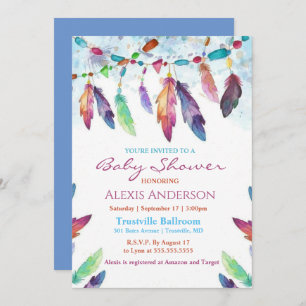 Colourful Watercolor Feathers Baby Shower Invitation