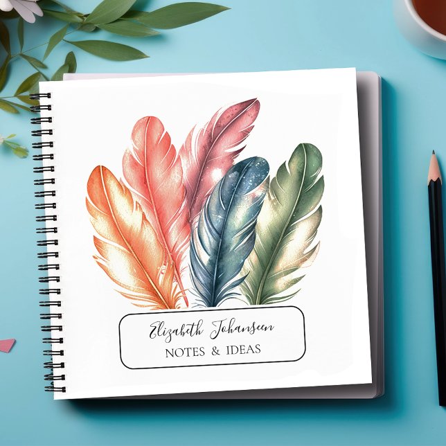 Colourful Watercolor Feathers Black Script Name Notebook (Creator Uploaded)