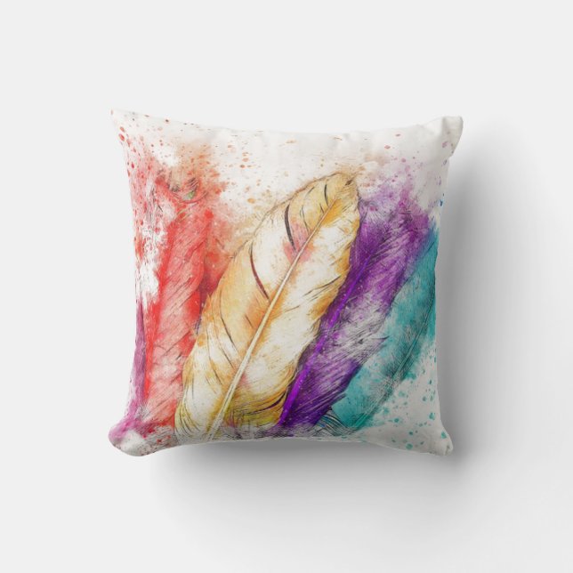 Colourful Watercolor Feathers Cushion (Front)