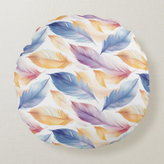 Colourful Watercolor Feathers Round Cushion