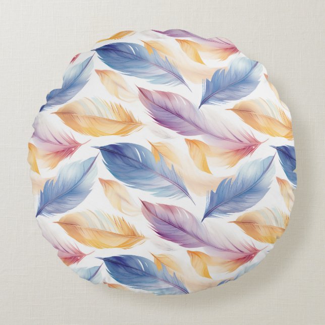 Colourful Watercolor Feathers Round Cushion (Front)