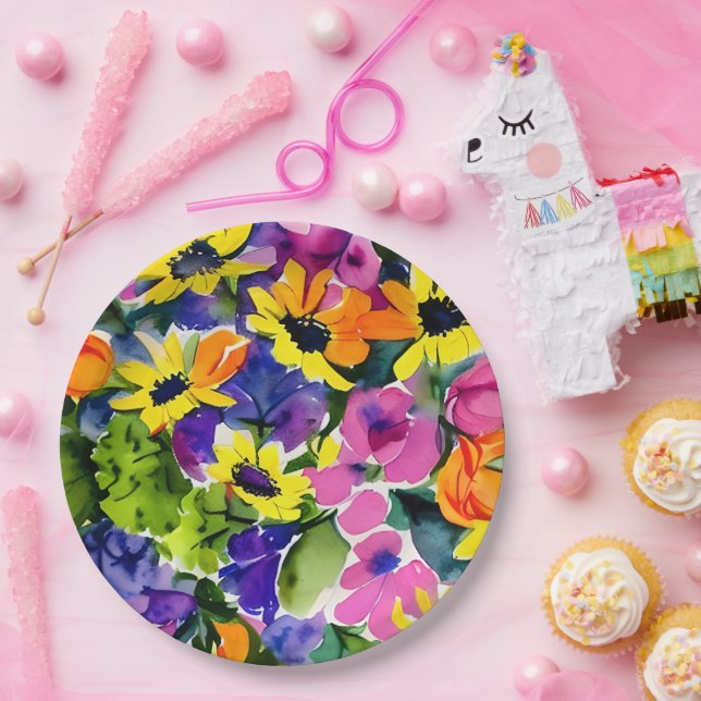 Colourful Watercolor Floral Art Paper Plate (Party)