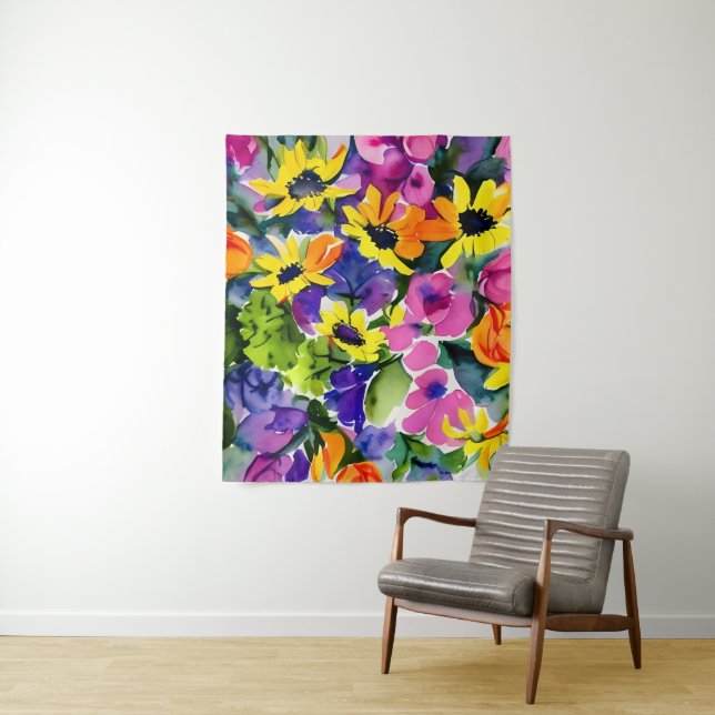 Colourful Watercolor Floral Art Tapestry (In Situ)