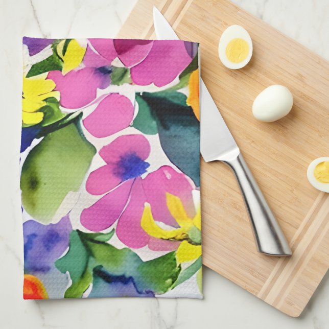 Colourful Watercolor Floral Art Tea Towel (Quarter Fold)