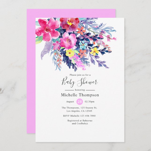 Colourful Watercolor Floral Baby Shower Invitation (Front/Back)
