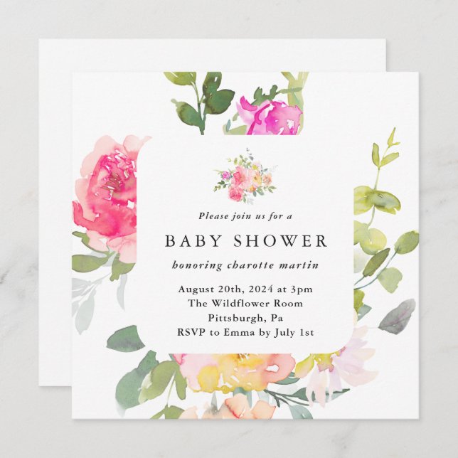 Colourful Watercolor Floral Baby Shower QR Code Invitation (Front/Back)