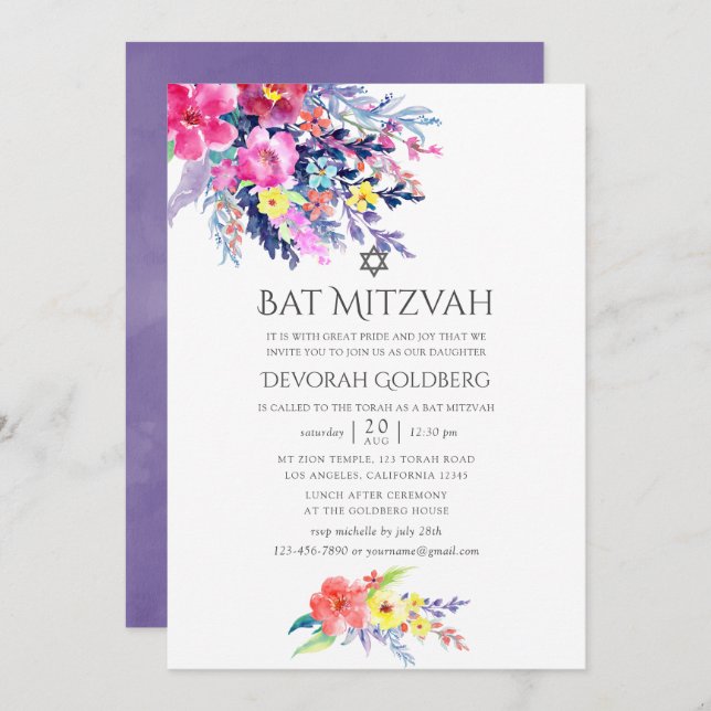 Colourful Watercolor Floral Bat Mitzvah Invitation (Front/Back)
