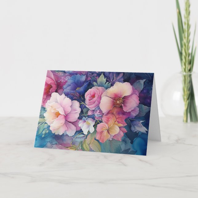 Colourful Watercolor Floral Blank Note Card  (Front)