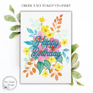 Colourful Watercolor Floral Bouquet Happy Birthday Card