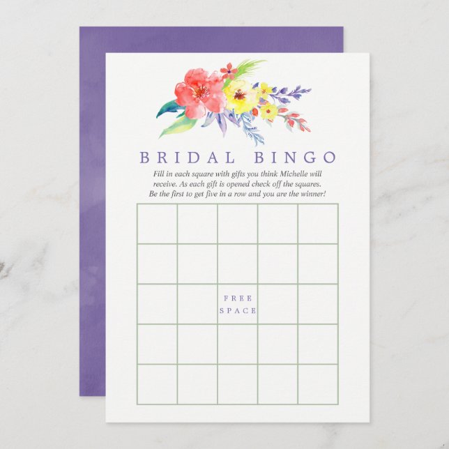 Colourful Watercolor Floral Bridal Shower Bingo Invitation (Front/Back)