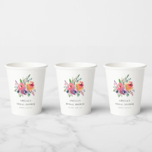 Colourful Watercolor Floral Bridal Shower Custom Paper Cups