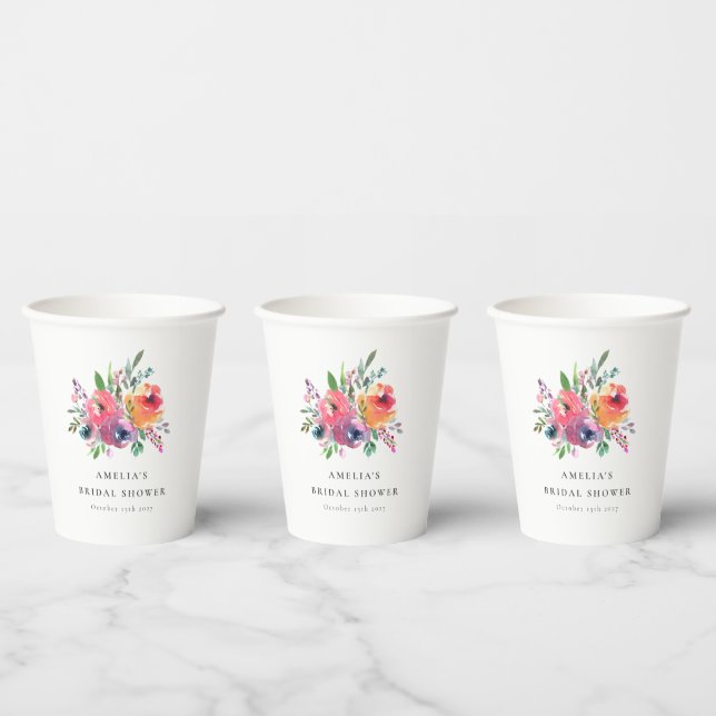 Colourful Watercolor Floral Bridal Shower Custom Paper Cups (Multi)