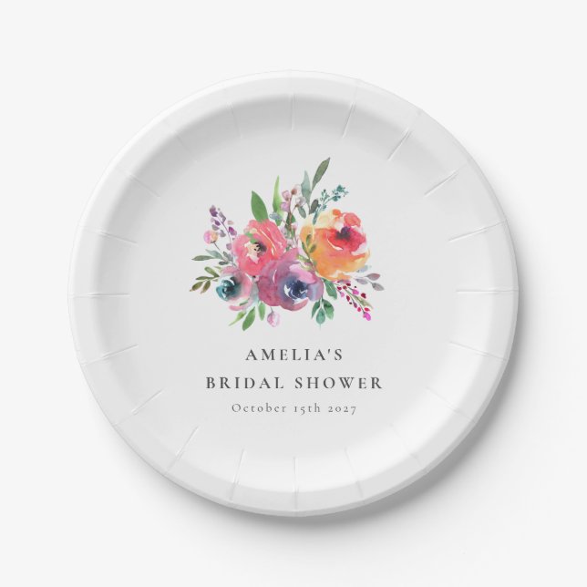 Colourful Watercolor Floral Bridal Shower Custom Paper Plate (Front)