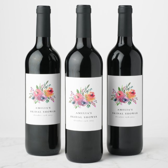 Colourful Watercolor Floral Bridal Shower Custom Wine Label (Bottles)