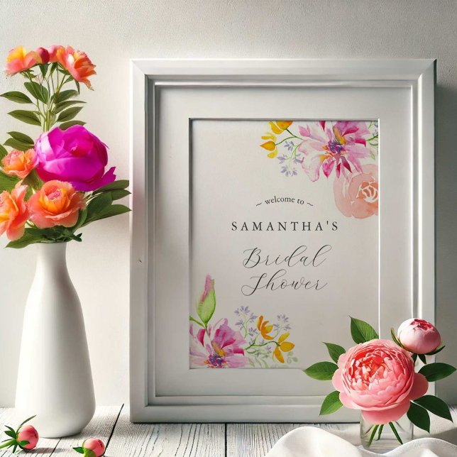  Colourful Watercolor Floral Bridal Shower Welcome Poster (Bridal shower posters watercolor pink and orange floral art by Victoria Grigaliunas DoTellABelle)