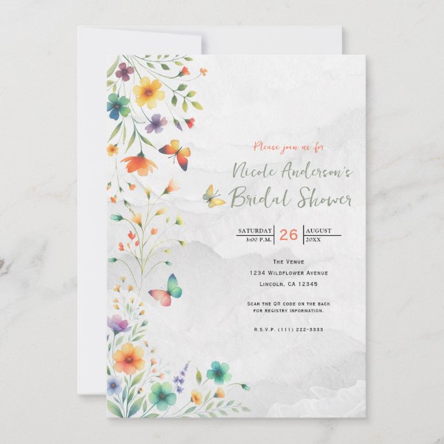 Colourful Watercolor Floral Butterfly Bridal Showe Invitation (Front)