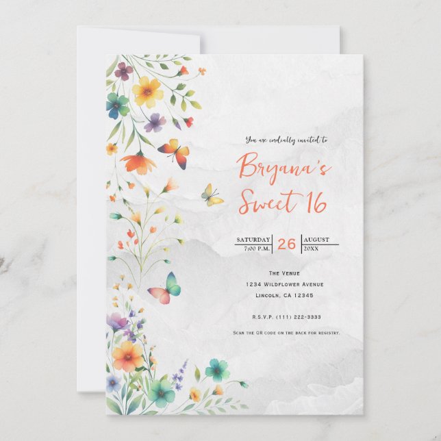 Colourful Watercolor Floral Butterfly Sweet 16 Invitation (Front)