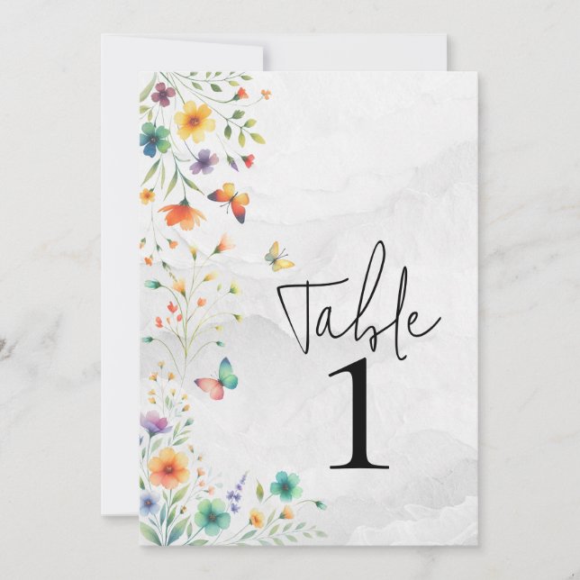 Colourful Watercolor Floral Butterfly Table Number (Front)