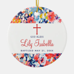 Colourful Watercolor Floral Christening Baptism Ceramic Tree Decoration