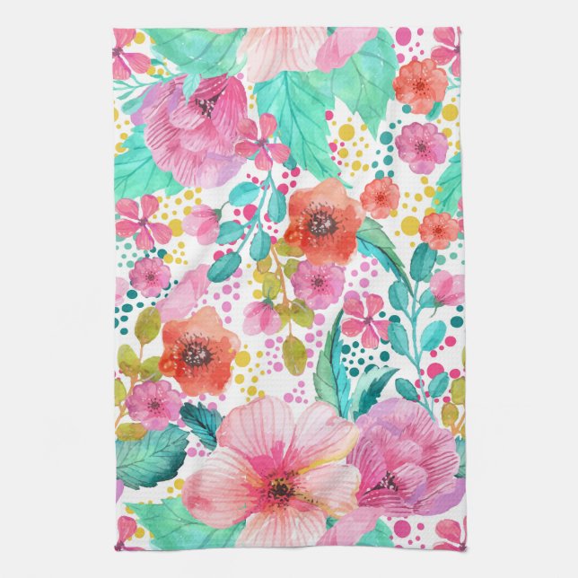 Colourful WaterColor Floral Collage Tea Towel (Vertical)