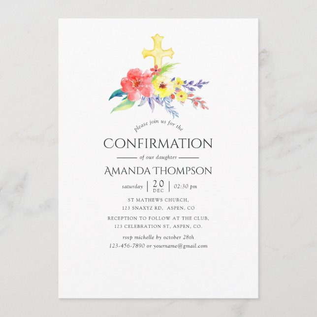 Colourful Watercolor Floral Confirmation Invitation (Front)
