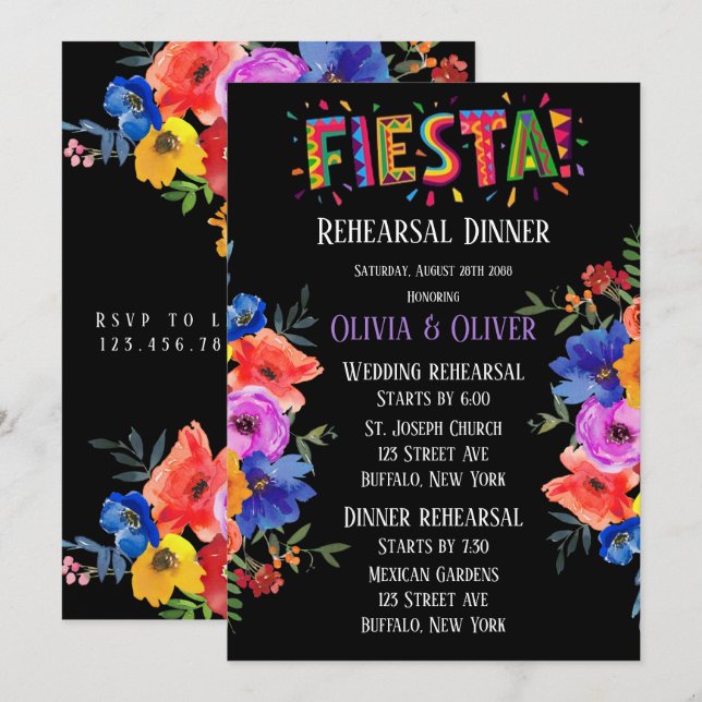 Colourful Watercolor Floral Fiesta Rehearsal Dinne Invitation (Front/Back)