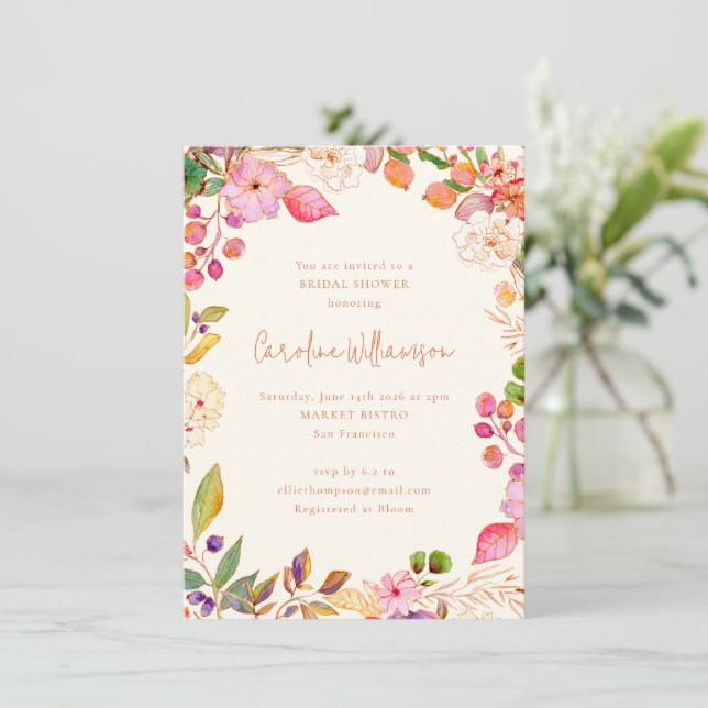 Colourful Watercolor Floral Garden Bridal Shower Invitation (Standing Front)