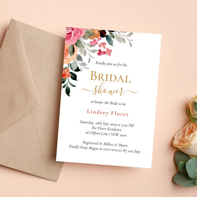 Colourful Watercolor Floral Gold Bridal Shower Invitation (Creator Uploaded)