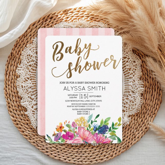 Colourful Watercolor Floral Gold White Baby Shower Invitation (Pink, blue, and yellow watercolor floral baby shower invitation)
