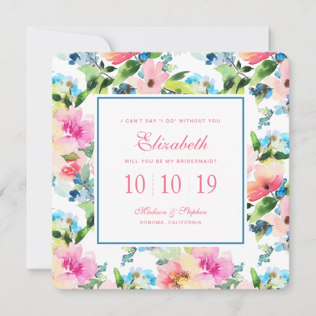 Colourful Watercolor Floral Pattern - Bridesmaid Invitation (Front)