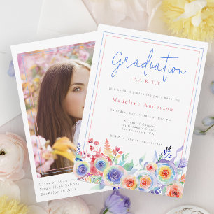 Colourful Watercolor Floral Photo Graduation Party Invitation
