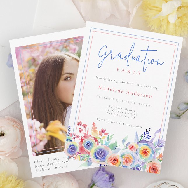 Colourful Watercolor Floral Photo Graduation Party Invitation (Creator Uploaded)