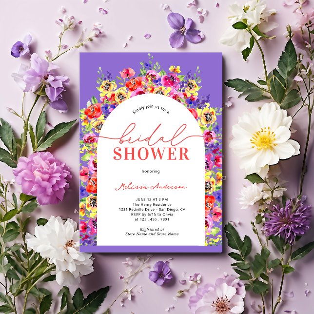 Colourful Watercolor Floral Purple Bridal Shower Invitation (Creator Uploaded)