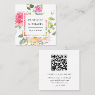 Colourful Watercolor Floral QR Code White Square Business Card