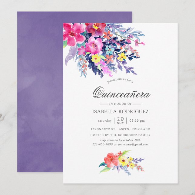 Colourful Watercolor Floral Quinceañera Invitation (Front/Back)
