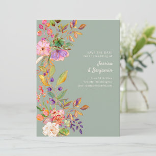 Colourful Watercolor Floral Sage Green Wedding Save The Date
