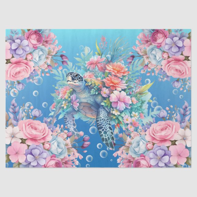 Colourful Watercolor Floral Sea Turtle Decoupage Tissue Paper (Front)