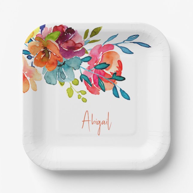 Colourful Watercolor Floral Shower Paper Plate (Front)
