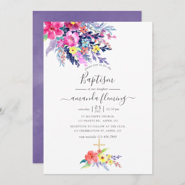 Colourful Watercolor Floral Spring Baptism Invitation (Front/Back)