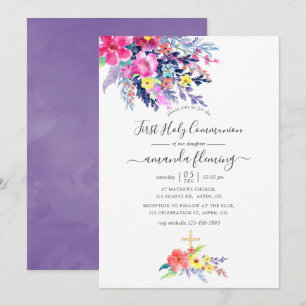 Colourful Watercolor Floral Spring Holy Communion Invitation