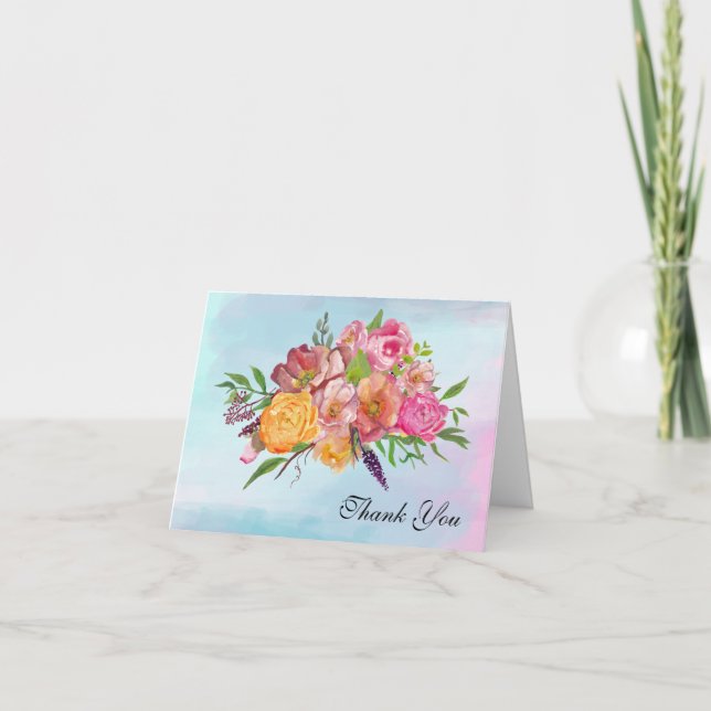 Colourful Watercolor Floral Thank You Note Card (Front)