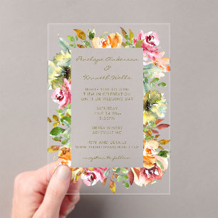 Colourful Watercolor Floral Wedding Earthy Boho Acrylic Invitations