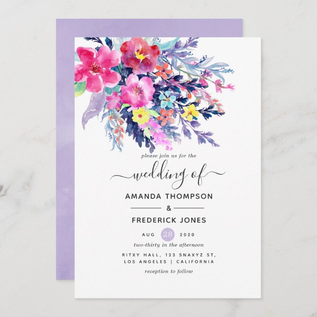 Colourful Watercolor Floral Wedding Invitation (Front/Back)