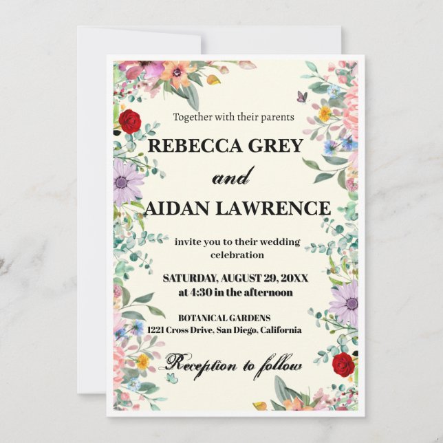 Colourful Watercolor Floral Wedding Invitation – C (Front)