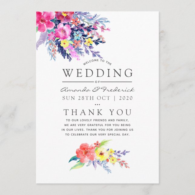 Colourful Watercolor Floral Wedding Programme (Front)