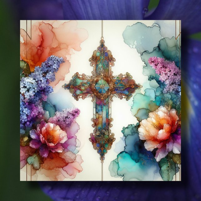 Colourful Watercolor Flowers And Easter Cross Holiday Card (Creator Uploaded)