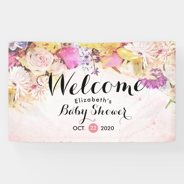 Colourful Watercolor Flowers Baby Shower Welcome Banner (Horizontal)