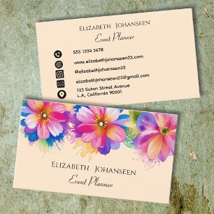 Colourful Watercolor Flowers Beige Black Typograph Business Card