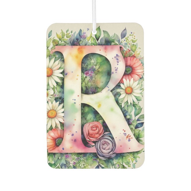 Colourful Watercolor Flowers Personalised Monogram Car Air Freshener (Front)